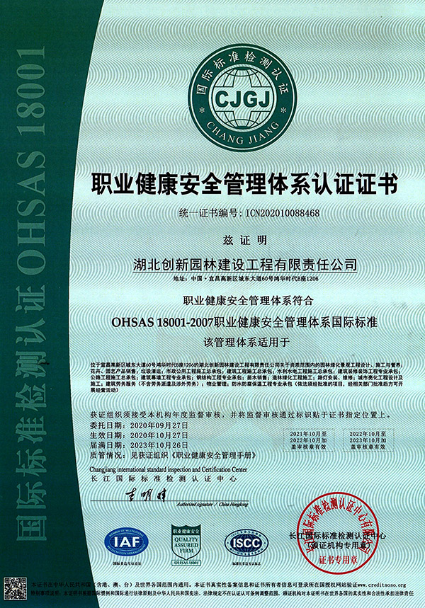 職業(yè)健康安全管理體系認證證書